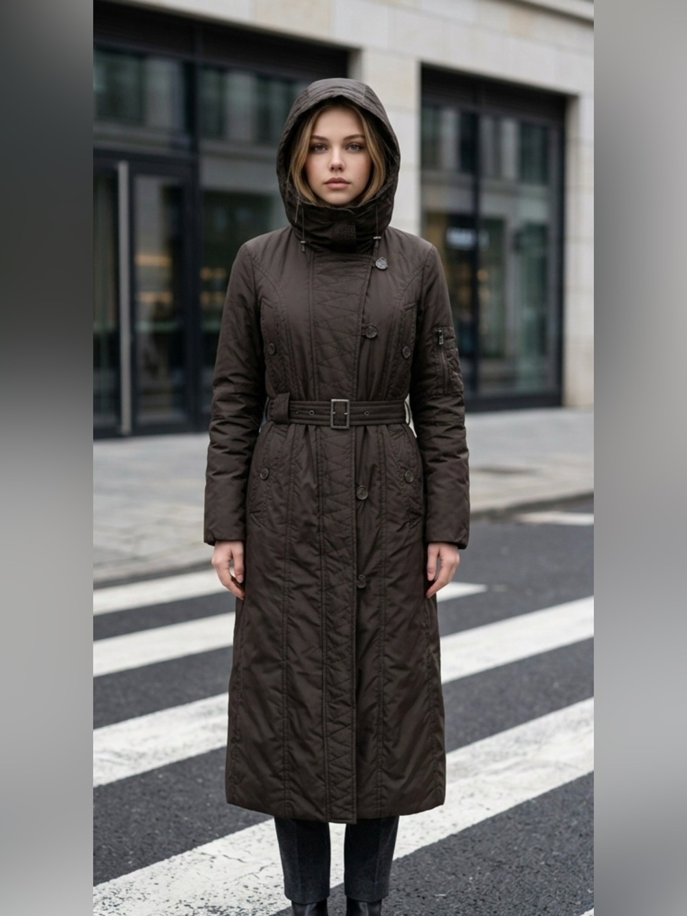 Long Quilted Hooded Trench Coat in Dark Brown